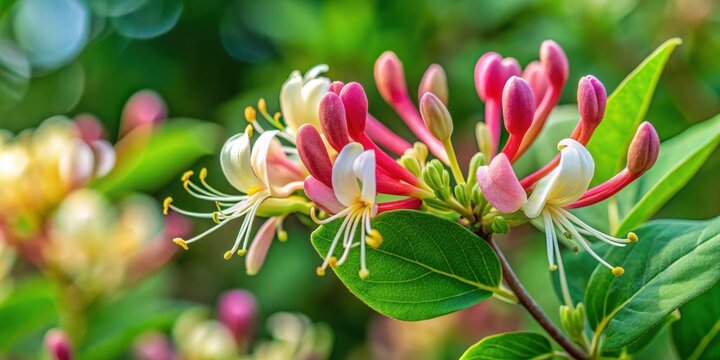 Goat leaf honeysuckle lonicera caprifolium with flower buds close-up in nature - Powered by Adobe