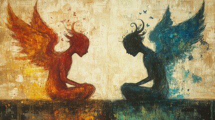 Fototapeta premium Inner Conflict Visualization - Angel and Demon Dialogues with Mediator