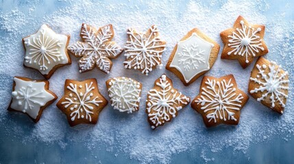 Deliciously decorated snowflake cookies arranged on a blue surface, perfect for winter celebrations and festive gatherings.