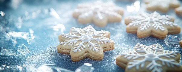 Fototapeta premium Delicate snowflake-shaped cookies topped with white icing, perfect for festive celebrations and holiday gatherings.