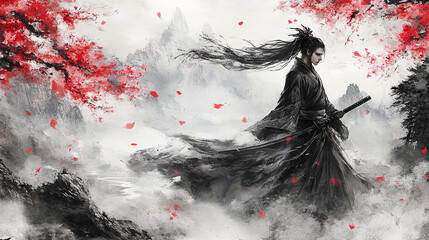 Samurai, sumi-e, ink painting, Japanese painting, Edo period, Meiji, Japan, cool, Japanese armor, Japanese sword, battle, traditional, building, anime, manga, comic © ra-ira