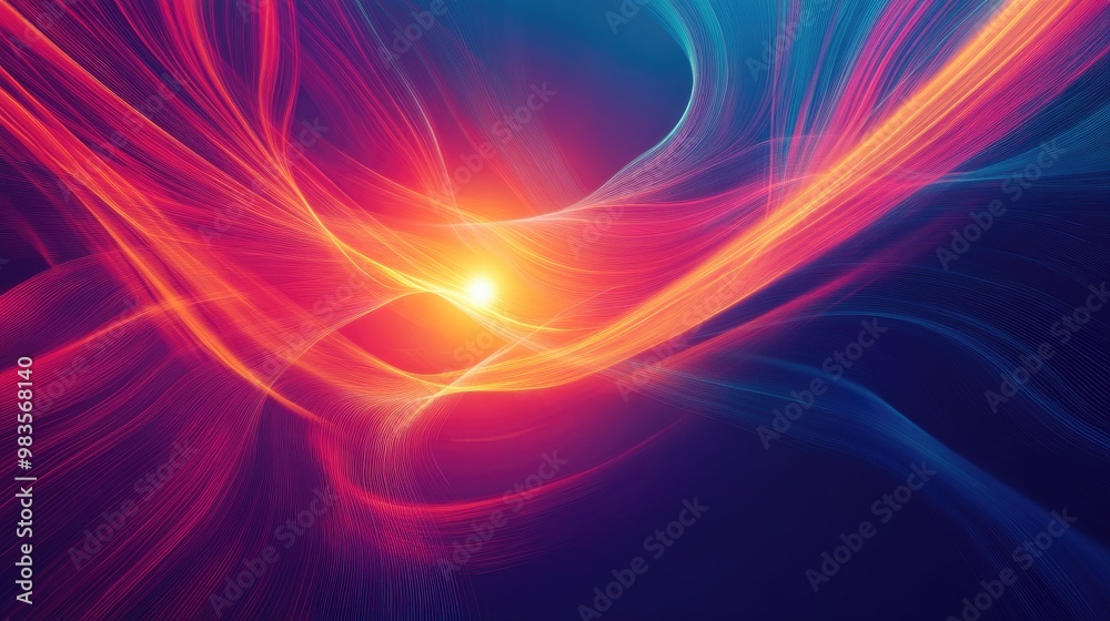 Wall mural Vibrant flowing energy lines illuminated by a radiant sun in outer space a futuristic gradient background showcasing modern generative art and a creative 2D cartoon design