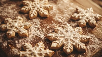 Delicious snowflake-shaped cookies dusted with powdered sugar on a wooden surface, perfect for holiday celebrations.