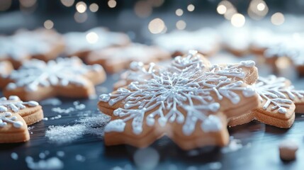 A close-up of beautifully decorated snowflake cookies, perfect for holiday celebrations and winter festivities.