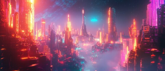 Naklejka premium Abstract 3D fractal background featuring a vibrant neon cityscape showcasing intricate designs and futuristic elements in a digital illustration