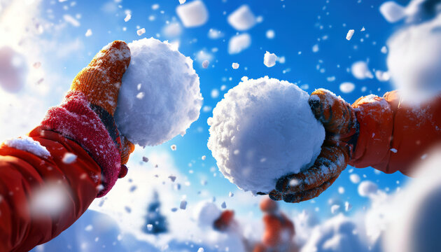 Two people are holding snowballs in their hands, one of which is slightly larger than the other. The scene is set in a snowy environment, with the snowballs flying through the air