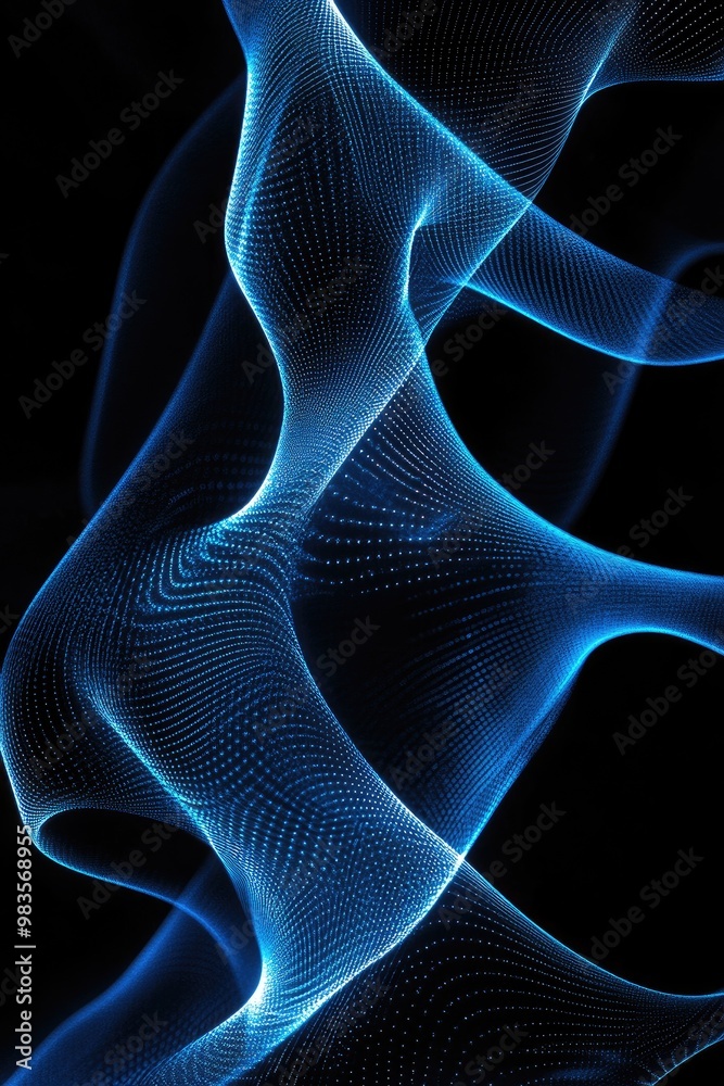 Poster abstract dynamic blue light lines forming wavy circular shapes on a black background representing th