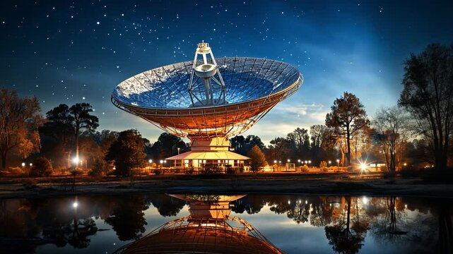 The powerful radio telescope glows brightly at night, surrounded by trees and reflecting in the serene lake nearby as stars fill the sky.