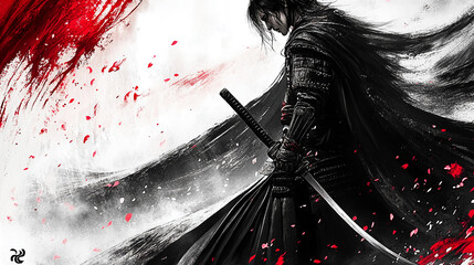 Samurai, sumi-e, ink painting, Japanese painting, Edo period, Meiji, Japan, cool, Japanese armor, Japanese sword, battle, traditional, building, anime, manga, comic