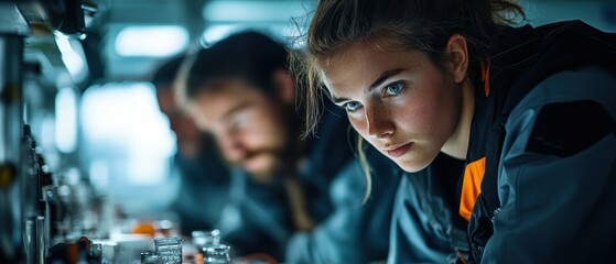 A team of marine biologists examining samples collected from the seafloor, their expressions focused as they analyze the data on their sleek, cutting-edge equipment