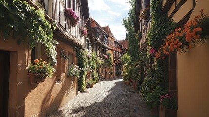 Obraz premium A quaint street in Colmar, Alsace, lined with half-timbered houses and flower boxes.