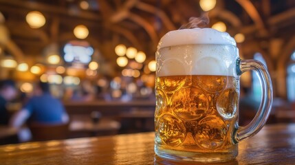 A refreshing beer served in a chilled mug, with foam overflowing, against the backdrop of a lively beer hall.