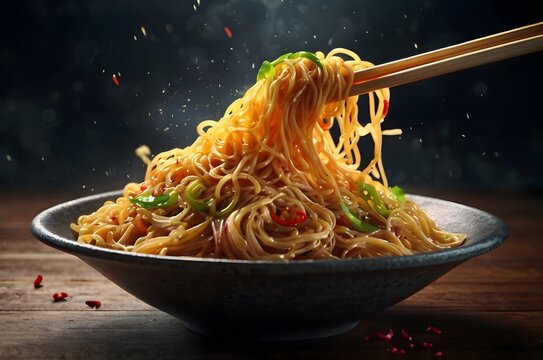 A bowl of hot spicy noodles with chopsticks and chilies.