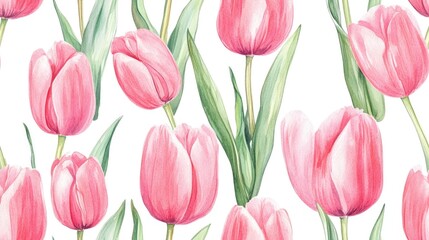 Obraz premium Hand drawn watercolor seamless pattern featuring spring pink tulips