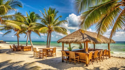 Tropical Beach Bar in Zanzibar with Wooden Furniture and Palm Trees
