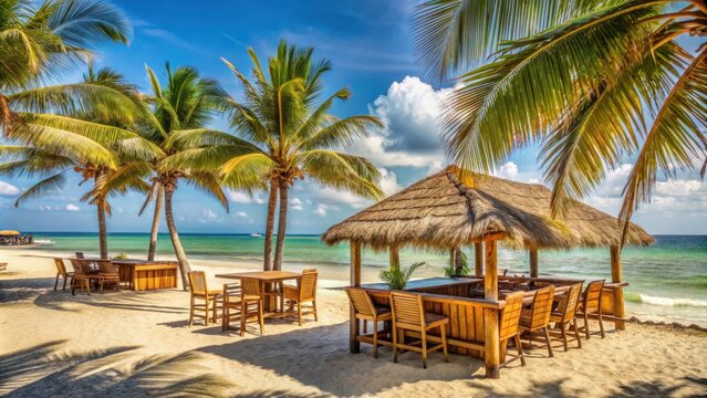Tropical Beach Bar in Zanzibar with Wooden Furniture and Palm Trees