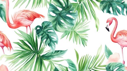 Seamless watercolor illustration pattern featuring tropical leaves and a pink flamingo Ideal for use as a background texture wrapping paper textile or wallpaper design Hand drawn