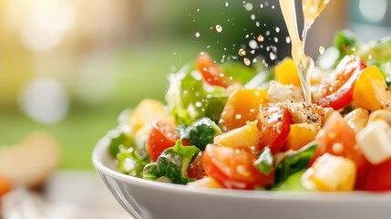 An eye-catching vegetable salad adorned with tomatoes, corn, and green leafy vegetables, enhanced by a rich drizzle of creamy dressing, emphasizing the fresh and wholesome look.