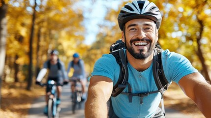 A man in bright cycling gear and helmet rides confidently along a scenic tree-lined path in the park, sharing laughter with friends under golden autumn light.