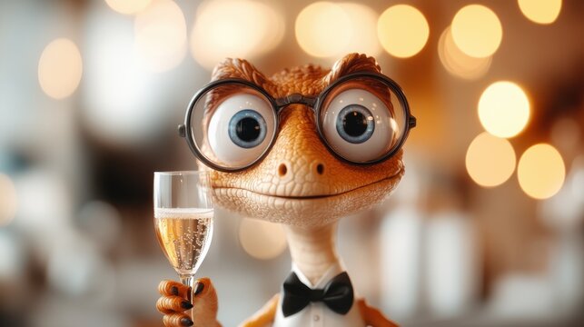 Anthropomorphic character dressed formally in a suit and bow tie, holding a glass of champagne, toasting and celebrating in a warm, bokeh-filled festive background.