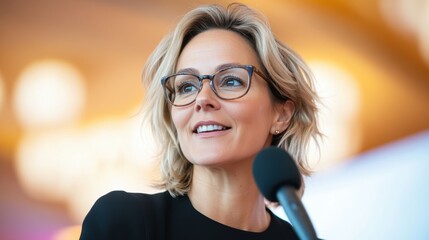 A confident woman with short hair and glasses speaks into a microphone, exuding professionalism and clarity while engaging her audience in a dynamic setting.