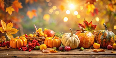Thanksgiving pumpkins decorated with colorful fruits and falling leaves in Autumn setting