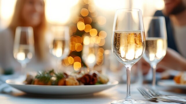 An elegant dinner table setting featuring sparkling champagne wine and festive lights in the background, creating a warm and celebratory atmosphere for a special occasion.