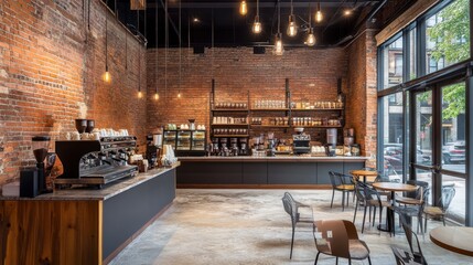 A stylish coffee shop interior with modern seating, exposed brick walls, and a counter full of delicious coffee options.