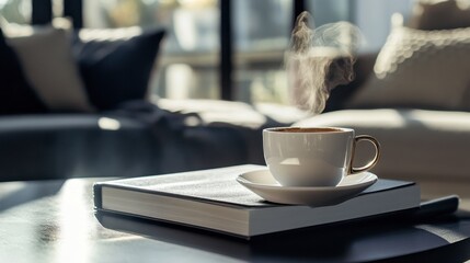 A stylish coffee table book and a steaming cup of coffee on a contemporary coffee table, creating a chic living space.