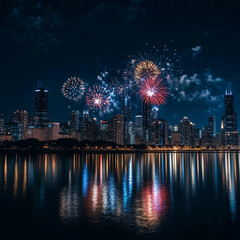 Fototapeta premium bright colorful fireworks over the city skyline reflected in a body of water 
