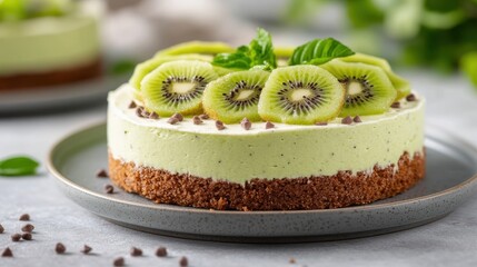 A delectable cheesecake topped with thin kiwi slices and sprinkled with chocolate chips. Set on a grey plate, the cake features a smooth green and white filling on a crunchy base.