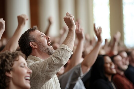 Harmonious voices, congregation united in joyful praise, worship, singing with devotion, reverence, creating spiritual atmosphere filled with collective faith and uplifting melodies in sacred unity.