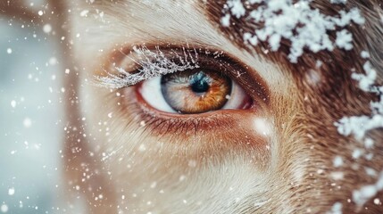 Close-up of a deer eye surrounded by snowflakes, showcasing sharp details and warm colors in a serene winter setting.