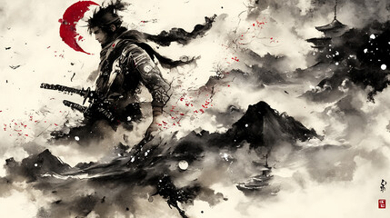 Samurai, sumi-e, ink painting, Japanese painting, Edo period, Meiji, Japan, cool, Japanese armor, Japanese sword, battle, traditional, building, anime, manga, comic