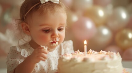 Baby girl blowing out candle on first birthday cake, festive confetti wall