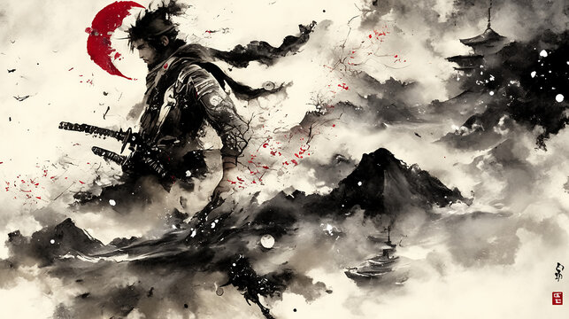 Samurai, sumi-e, ink painting, Japanese painting, Edo period, Meiji, Japan, cool, Japanese armor, Japanese sword, battle, traditional, building, anime, manga, comic