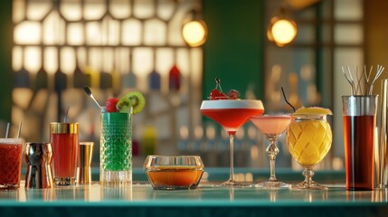A trendy cocktail bar scene with a selection of colorful drinks and stylish barware.