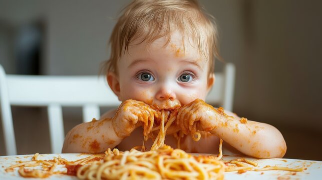 Messy baby boy covered in spaghetti sauce, eating with hands, white wall for contrast