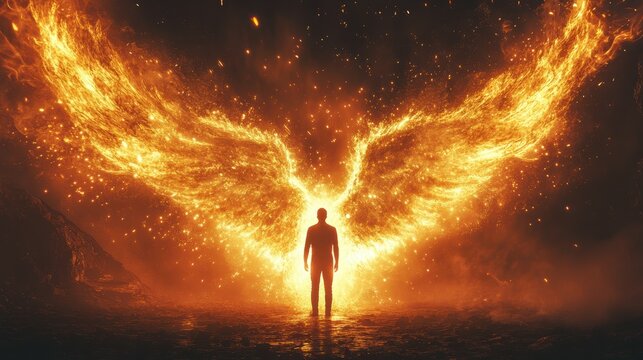Motivation depicted as a phoenix rising from ashes of past failures, person embracing transformation