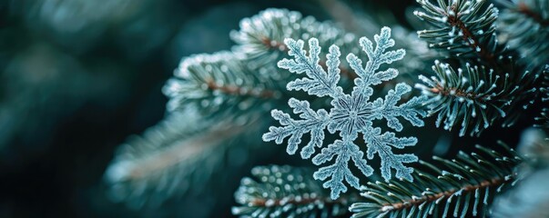 Obraz premium Close-up of a delicate snowflake resting on evergreen needles, showcasing intricate patterns and the beauty of winter.