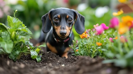 Dachshund excitedly digging in the garden as its owner plants new flowers