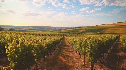 Fototapeta premium A wide-angle shot of the vineyards in Champagne, with grapevines stretching into the horizon.