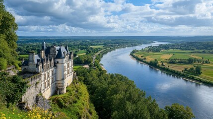 Fototapeta premium A wide-angle view of the Loire River as it flows through the scenic valley, with chteaux on the banks.
