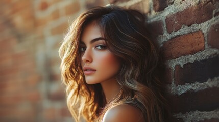 Fototapeta premium A woman with soft waves in her hair posing against a brick wall, her hair highlighted by the afternoon sun.