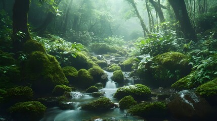 Sunlight streaming through trees in a mystical enchanted forest