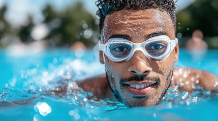 Fototapeta premium A person is swimming in a clear blue outdoor pool, surrounded by sunlight and summer vibes, embodying the joy and refreshment of a warm, sunny day spent in the water.