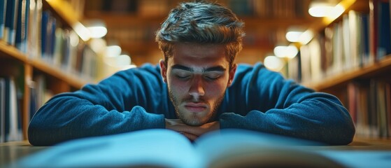 Overworked student dozing off during late-night study session in library