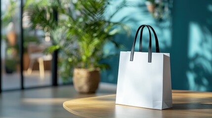 A close-up of a white shopping bag with black handles, placed on a wooden table with a bright and spacious background featuring large plants and natural light.