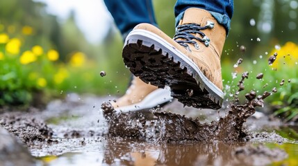 A focused image capturing the moment boots hit a puddle, causing mud to splash, set against an outdoor backdrop suggesting themes of adventure and vibrant energy.
