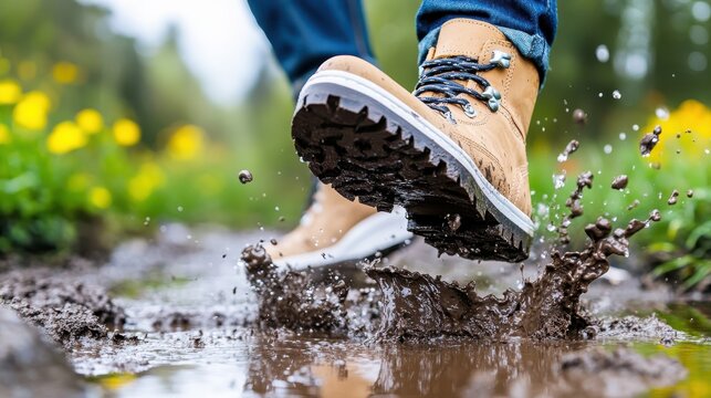 A focused image capturing the moment boots hit a puddle, causing mud to splash, set against an outdoor backdrop suggesting themes of adventure and vibrant energy.
